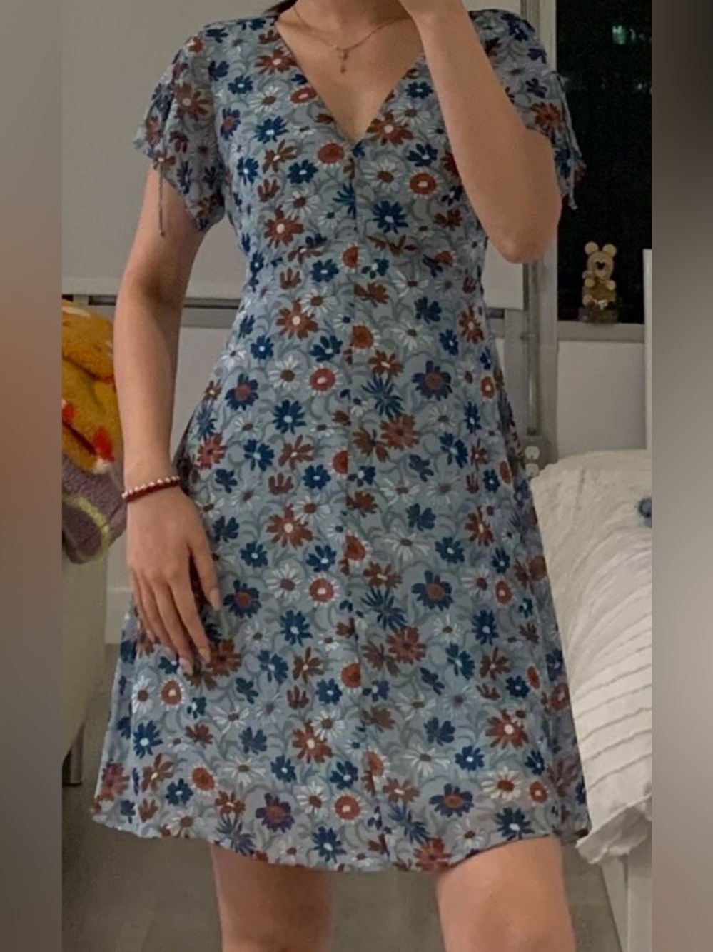 NWT Madewell Blue Floral Tie Flutter Sleeve Mini Dress Square 00 XXS